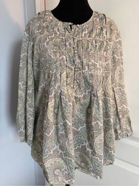 Women’s Paisley Pleated Pintuck 3/4 Sleeve Blouse - Green Multi
